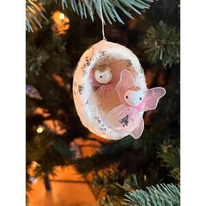 Vintage homemade Christmas Ornament. Egg? w/ Pink Fairies/Ballerinas? Glitter